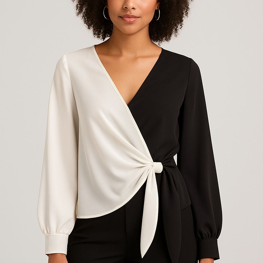 glam Black & White Colorblock Wrap Blouse | Small